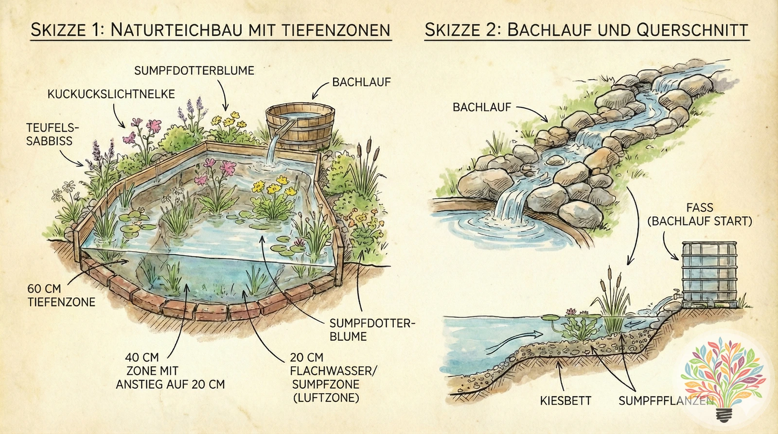 Skizze: Naturteichbau mit Tiefenzonen und Bachlauf — Sumpfzone, Flachwasser, Kiesbett