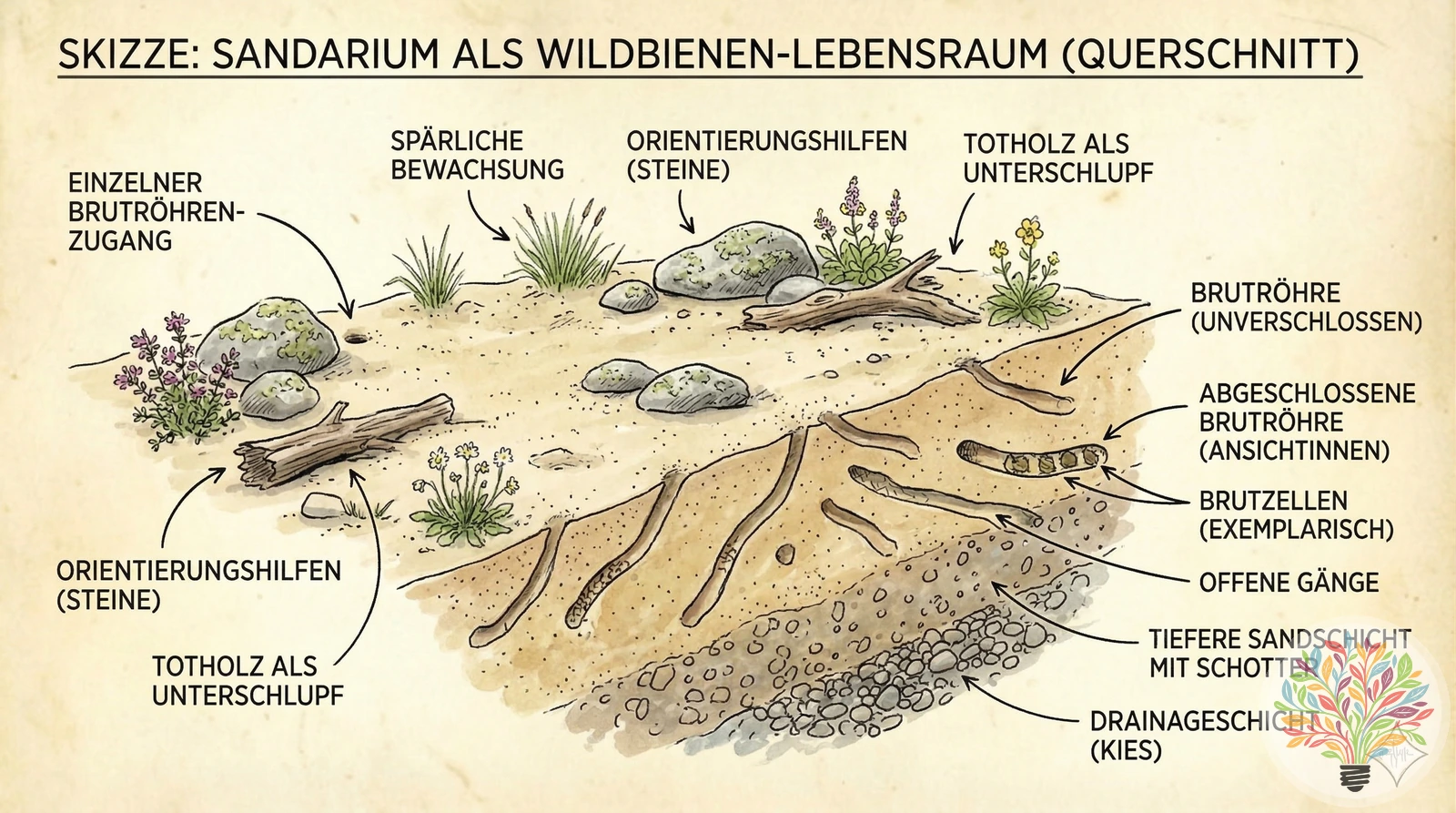 Schets: Zandarium als leefgebied voor wilde bijen in dwarsdoorsnede — nestgangen, drainagelaag, oriëntatiepunten