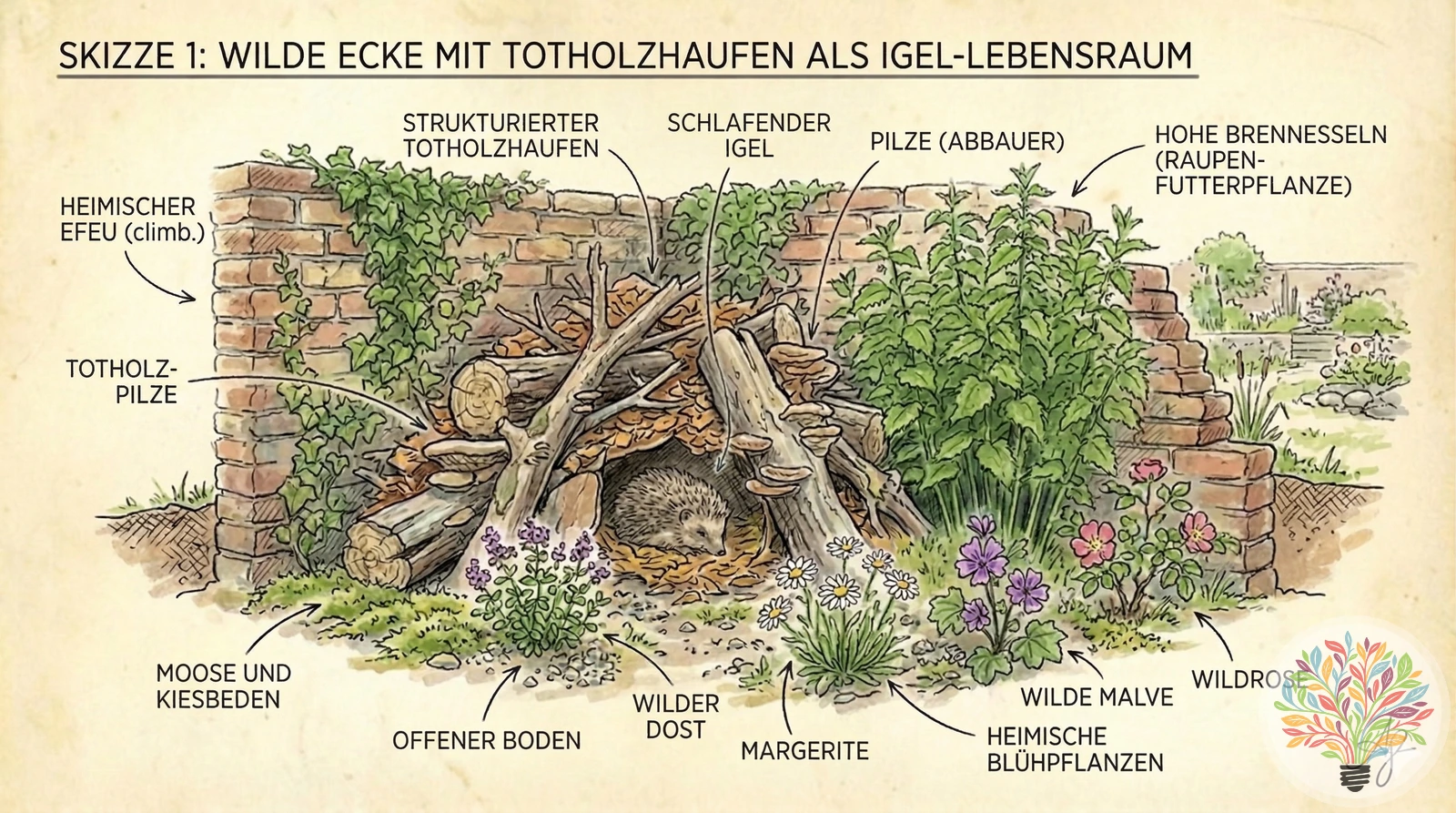 Skizze: Wilde Ecke mit Totholzhaufen als Igel-Lebensraum — Totholz-Pilze, heimische Blühpflanzen, Moose